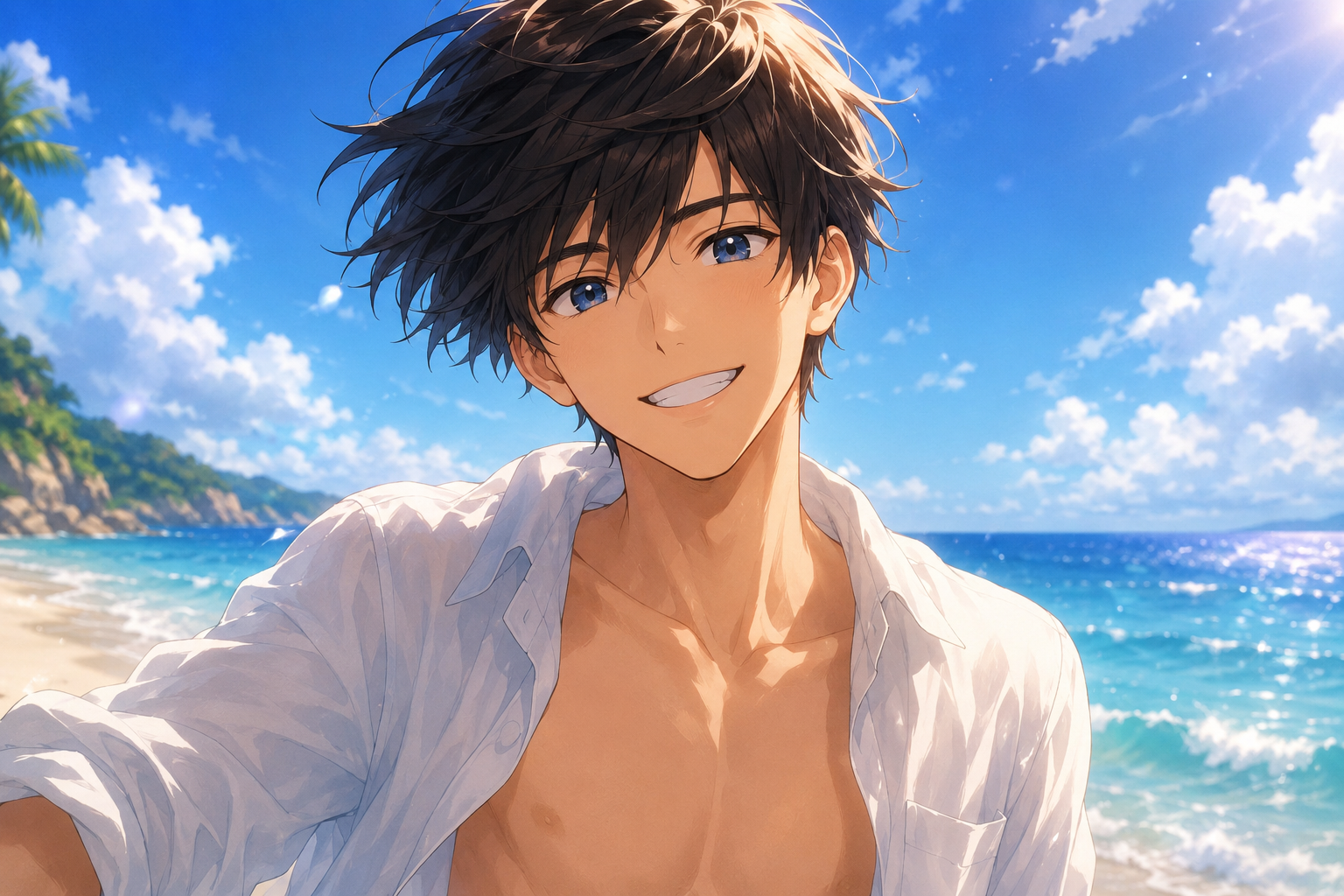 夏日海边少年_Summer Beach Anime Portrait